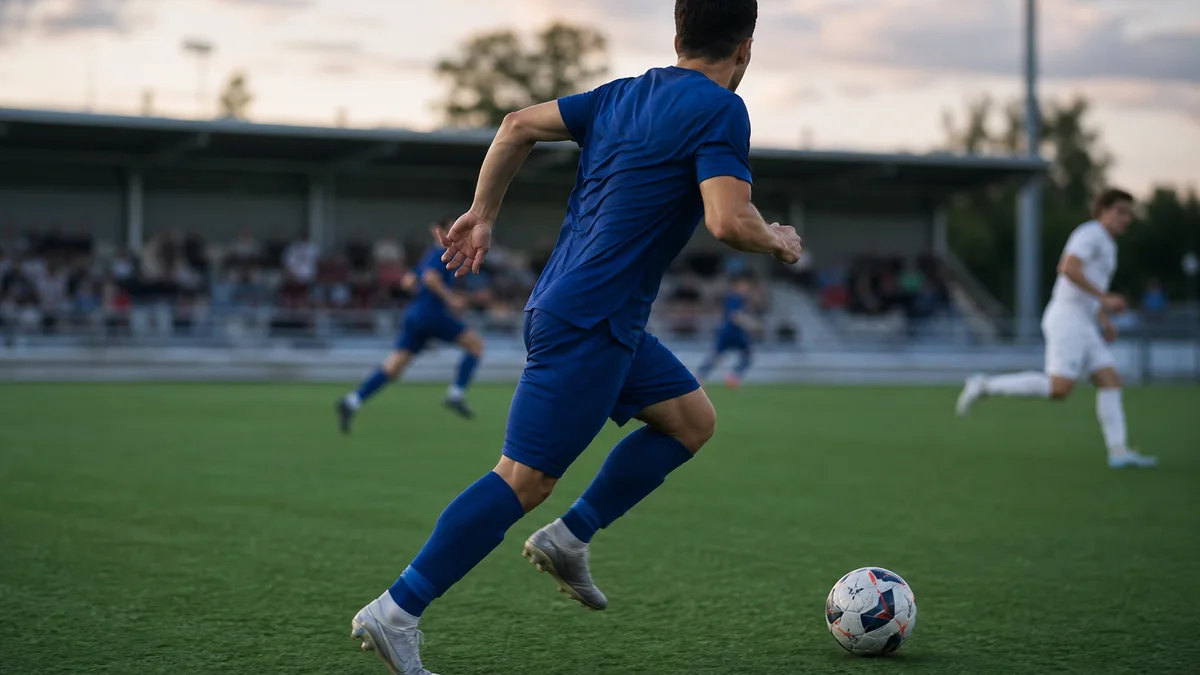 Pelaaja etenee pallon kanssa nurmella suomalaisen jalkapallostadionin edessä kesäillan valossa